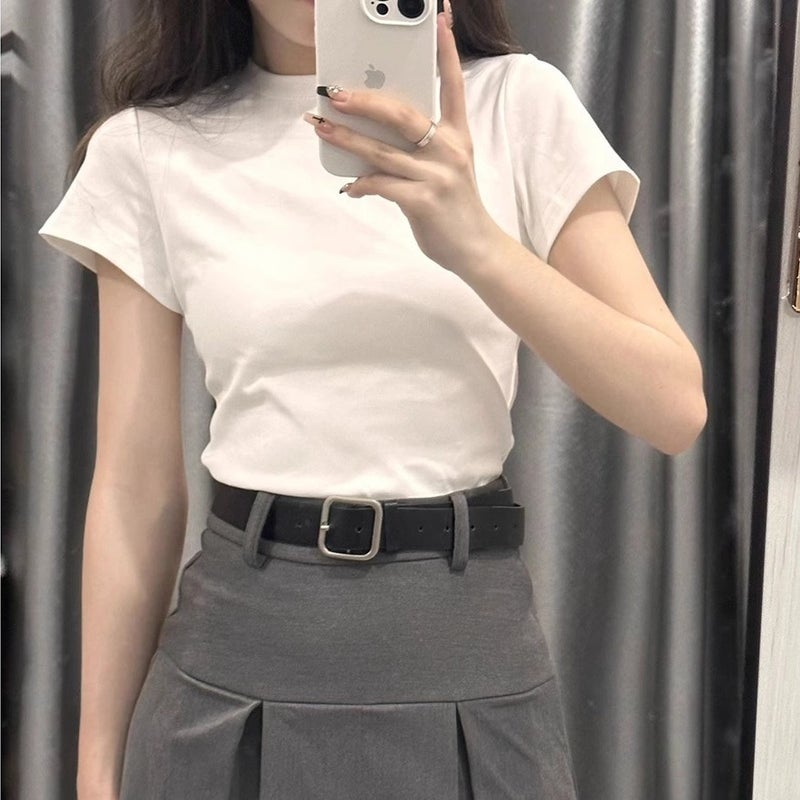 American-Style White Regular Shoulder Short-Sleeve T-Shirt For Women, Slim Fit, Pure Desire Style, Short Sweet Spicy Girl Solid Color Round Neck Top Ins - Image 5