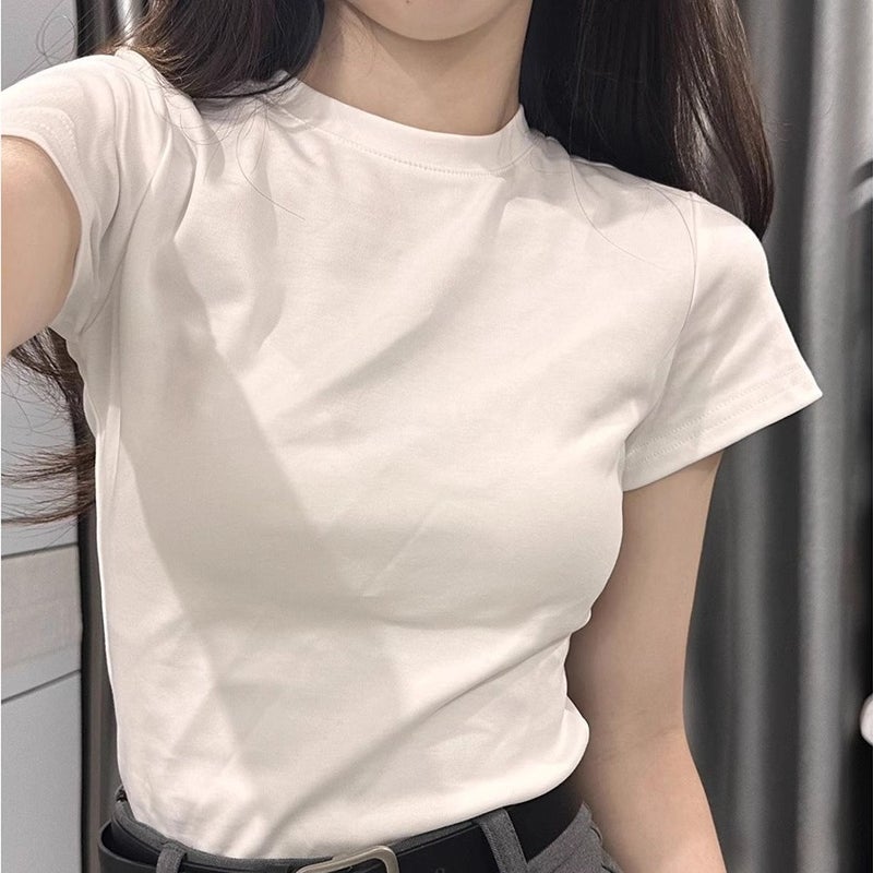 American-Style White Regular Shoulder Short-Sleeve T-Shirt For Women, Slim Fit, Pure Desire Style, Short Sweet Spicy Girl Solid Color Round Neck Top Ins - Image 2
