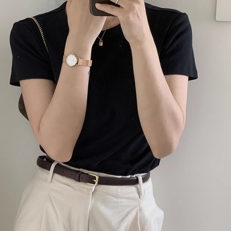 American-Style White Regular Shoulder Short-Sleeve T-Shirt For Women, Slim Fit, Pure Desire Style, Short Sweet Spicy Girl Solid Color Round Neck Top Ins - Image 3