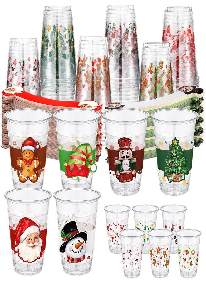 Maxdot 60 Sets Christmas Plastic Disposable Cups Bulks with Sleeves Smoothie Plastic Clear Drink Cups 12 oz Santa Snowman for Christmas Celebrations Xmas Theme Party Favor Holiday Supplies - Image 1