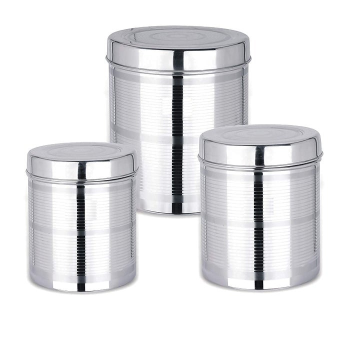 STAINLESS STEEL SET OF 3 CANISTERS CONTAINERS DABBA WITH LID FOR KITCHEN STORAGE 85012001400 GMS