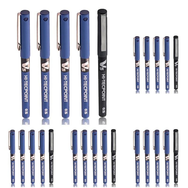 PILOT Hi-Tecpoint V5 0.5mm Extra Fine Point Pure Liquid Ink Roller Ball Pen | Pack Of 25 (4 Blue + 1 Black) - Image 1