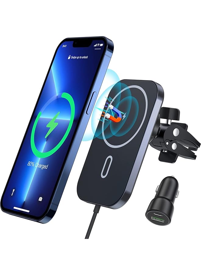 KASTWAVE Car Mount Charger For Magsafe, 360° Adjustable Magnetic Wireless Car Charger, Air Vent Magnetic Car Mount Phone Holder Charger Compatible With Magsafe For Iphone 14 13 12 Series (With Car Adapter) - Image 1