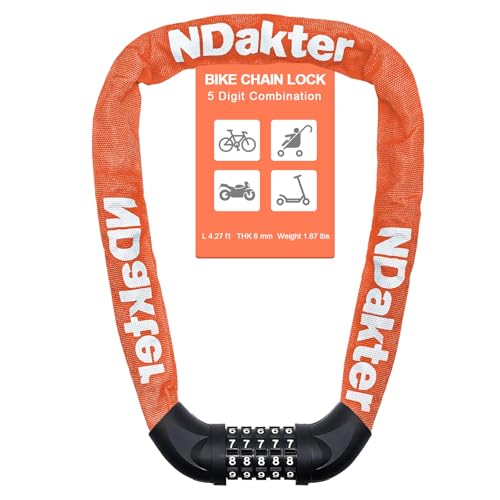 NDakter Bike Lock, 5 Digit Combination Heavy Duty Anti Theft Bicycle Chain Lock, 2.62/3.2/4.27/5/6Ft Long, High Security Resettable, Suitable for Bike, Scooter, Door, Gate, Fence-4/6mm Thick - Image 1