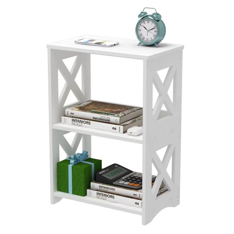 LUCKNOCK Narrow Side Table with Storage 3Tier Slim Nightstand for Small Spaces White Modern End Table Bedside Table Bookshelf for Living Room Bedroom Bathroom and Office