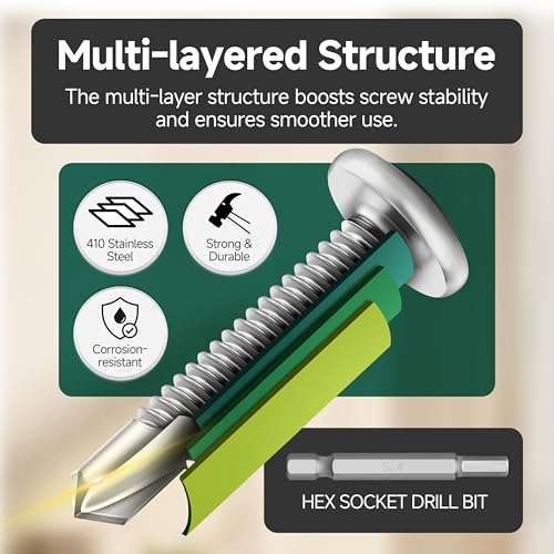 EASTPUK 110Pcs #10 Sheet Metal Screws Assortment Kit, Stainless Steel Flat Head Socket Cap Self Drilling Screw, Allen Socket Drive, Self Tapping Screws with Drill Bit - Image 3