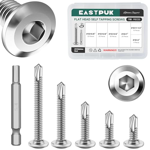 EASTPUK 110Pcs #10 Sheet Metal Screws Assortment Kit, Stainless Steel Flat Head Socket Cap Self Drilling Screw, Allen Socket Drive, Self Tapping Screws with Drill Bit - Image 1