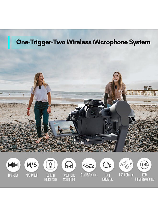 BY-XM6-S2 2.4G Wireless Microphone System(2 Transmitters & 1 Receiver) Dual Channel Lapel Clip-on Microphone 100M Transmission Range