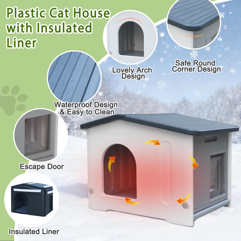 Deblue Outdoor Cat House with Insulated Liner, Weatherpoof Plastic Insulated Cats Houses with Escape Door Indoor Waterproof Feral/Pet Cat Shelter Outside for Puppy, Rabbit for Winter - Image 3