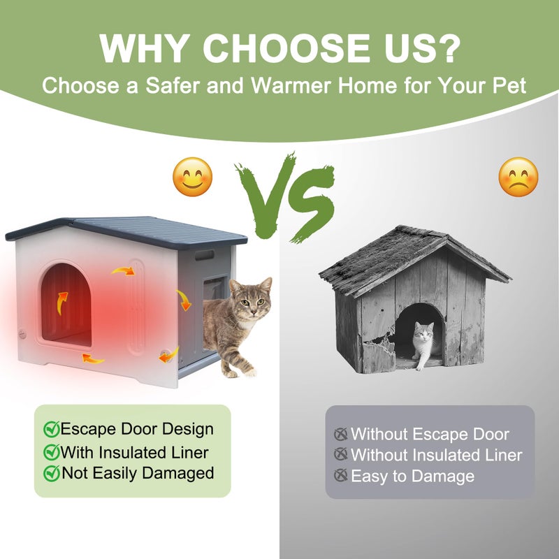 Deblue Outdoor Cat House with Insulated Liner, Weatherpoof Plastic Insulated Cats Houses with Escape Door Indoor Waterproof Feral/Pet Cat Shelter Outside for Puppy, Rabbit for Winter - Image 2