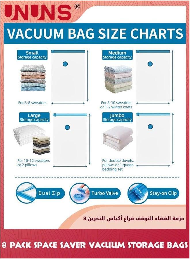UNUNS Vacuum Storage Bags 8 Jumbo Pack,4 Different Sizes Seal Bag With Free Hand Pump,Large Space Saver Compression Bag,Vacuum For Clothes Comforters Blanket Pillows Bedding  - Image 2