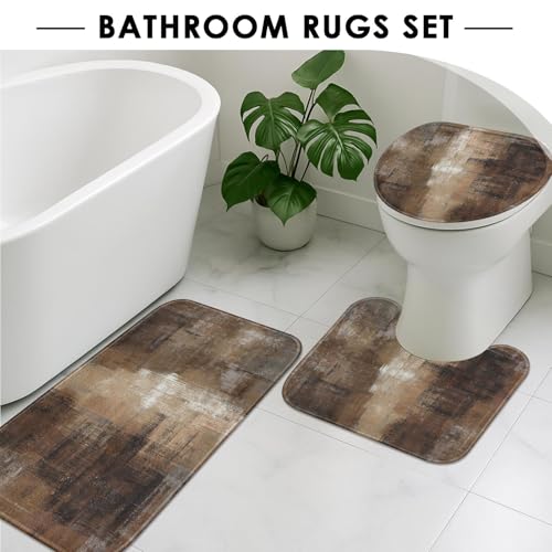 ArtSocket Burnt Brown Grey Bathroom Set with Shower Curtain and Rugs Accessory, Abstract Painting Modern Abstract Shower Curtain for Bathroom Decor 4 Pcs - Image 5