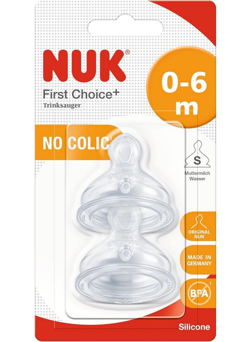 NUK First Choice+ Baby Bottle Silicone Teat With Small Feed Hole Anti Colic 0-6 Months 2 Pcs - Image 1