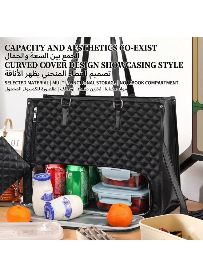 Flossie Lunch Tote Bag for Women, 15.6 Inch Leather Laptop Bag with Insulated Lunch Compartment and Cup Holder, Quilted Large Capacity Computer Handbag Work Tote with Purse for Business, Work, Nurse, Office, Collage, Casual,Black - Image 3