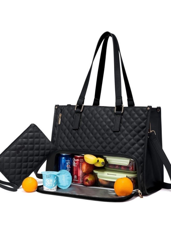Flossie Lunch Tote Bag for Women, 15.6 Inch Leather Laptop Bag with Insulated Lunch Compartment and Cup Holder, Quilted Large Capacity Computer Handbag Work Tote with Purse for Business, Work, Nurse, Office, Collage, Casual,Black - Image 1