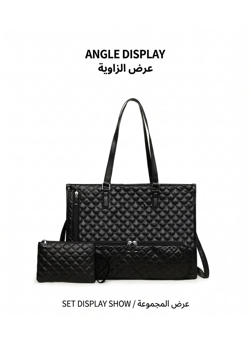 Flossie Lunch Tote Bag for Women, 15.6 Inch Leather Laptop Bag with Insulated Lunch Compartment and Cup Holder, Quilted Large Capacity Computer Handbag Work Tote with Purse for Business, Work, Nurse, Office, Collage, Casual,Black - Image 2