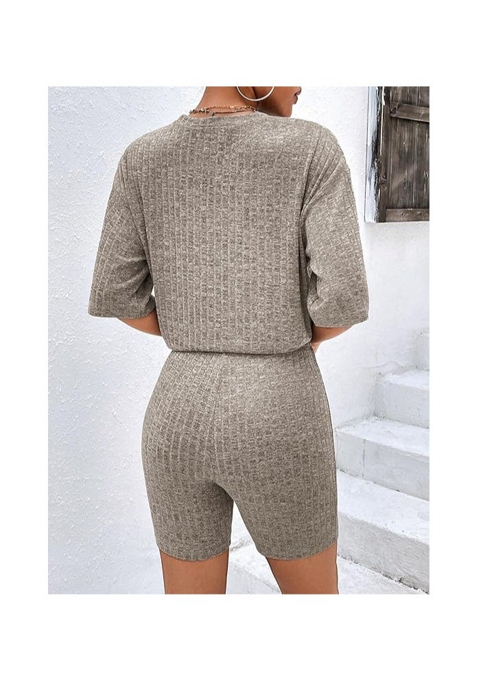 Generic - Pajamas 2 Piece Lounge Sets Ribbed Knit Matching Outfits T-shirt Biker Shorts Sleepwear Sweatsuits(Regular&Plus) - Image 1