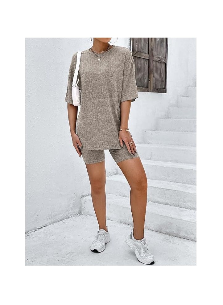Generic - Pajamas 2 Piece Lounge Sets Ribbed Knit Matching Outfits T-shirt Biker Shorts Sleepwear Sweatsuits(Regular&Plus) - Image 1