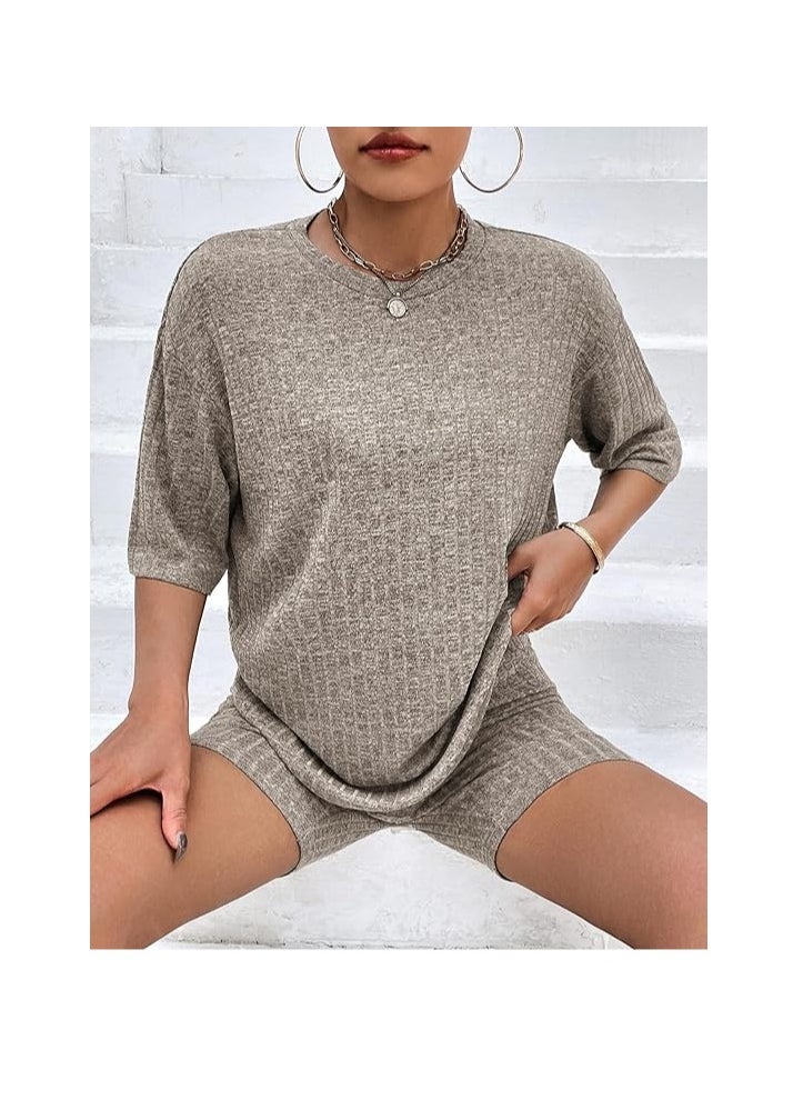 Generic - Pajamas 2 Piece Lounge Sets Ribbed Knit Matching Outfits T-shirt Biker Shorts Sleepwear Sweatsuits(Regular&Plus) - Image 1