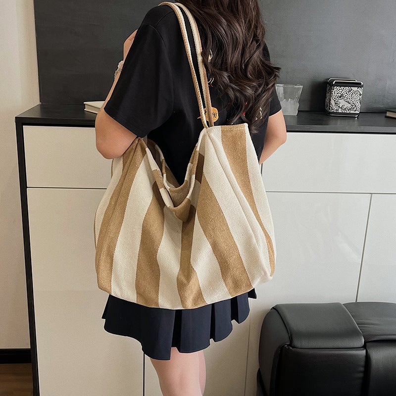 Artistic Casual Large Capacity Canvas Tote Bag 2025 Spring New Korean Style Striped Fashion Portable Shoulder Bag - Image 5
