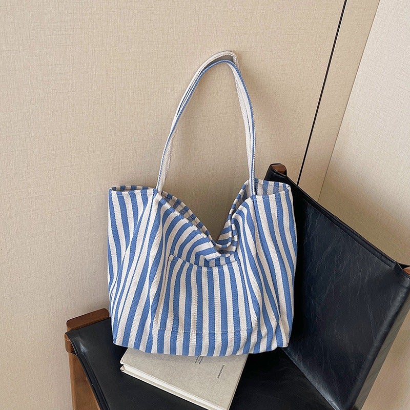 Artistic Casual Large Capacity Canvas Tote Bag 2025 Spring New Korean Style Striped Fashion Portable Shoulder Bag - Image 1