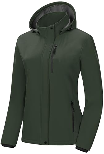 Pursky Fall Coats Raincoat For Women Trench Coat Ski Snow Hiking Fleece Lined Jackets Women's Softshell Jacket With Removable Hood Insulated Warm Windbreaker Army Green S - Image 1