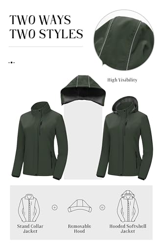 Pursky Fall Coats Raincoat For Women Trench Coat Ski Snow Hiking Fleece Lined Jackets Women's Softshell Jacket With Removable Hood Insulated Warm Windbreaker Army Green S - Image 3
