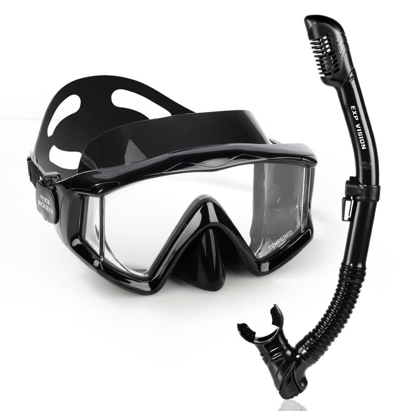 EXP VISION Snorkel Set Pano 3 Adult Snorkeling Gear Professional AntiFog Snorkel Mask Dry Top Snorkel Tempered Glass Scuba Diving Mask for Freediving Snorkeling and Swimming Mystic Black Set - Image 2