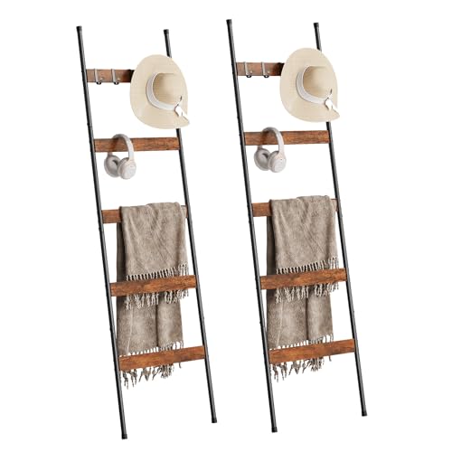 ELYKEN 2 Pack Blanket Ladder for Living Room, Farmhouse 5-Tier Quilt Holder with 4 Removable Hooks for Bathroom, Wood Towel Rack Display, Wall Anchor Leaning Decorative Stand for Home, Rustic Brown - Image 1