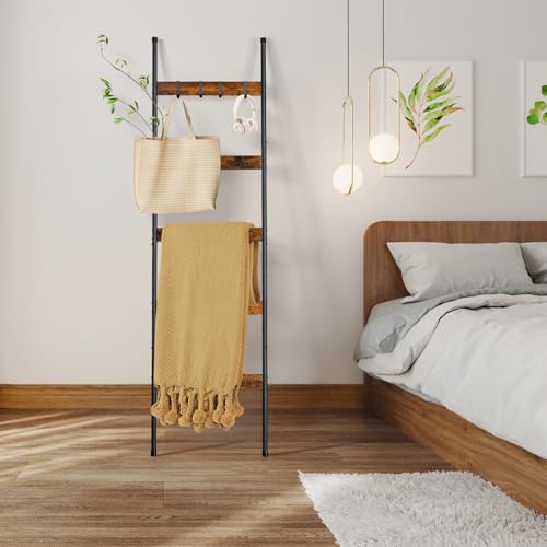 ELYKEN 2 Pack Blanket Ladder for Living Room, Farmhouse 5-Tier Quilt Holder with 4 Removable Hooks for Bathroom, Wood Towel Rack Display, Wall Anchor Leaning Decorative Stand for Home, Rustic Brown - Image 4