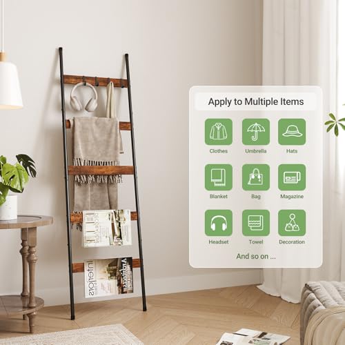 ELYKEN 2 Pack Blanket Ladder for Living Room, Farmhouse 5-Tier Quilt Holder with 4 Removable Hooks for Bathroom, Wood Towel Rack Display, Wall Anchor Leaning Decorative Stand for Home, Rustic Brown - Image 2