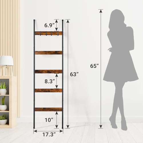 ELYKEN 2 Pack Blanket Ladder for Living Room, Farmhouse 5-Tier Quilt Holder with 4 Removable Hooks for Bathroom, Wood Towel Rack Display, Wall Anchor Leaning Decorative Stand for Home, Rustic Brown - Image 3
