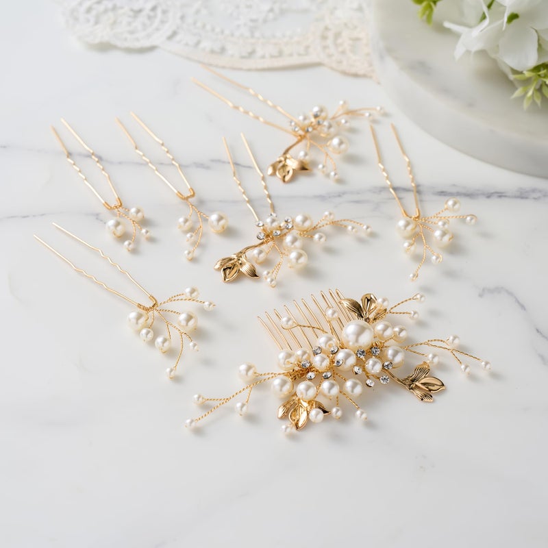 SWEETV Bridal Wedding Hair Accessories Set of 7, Pearl Wedding Hair Comb Rhinestone HairPins Leaf HairPieces Elegant Bridal Headpieces Accessories for Brides Bridesmaids Women Girls - Image 5