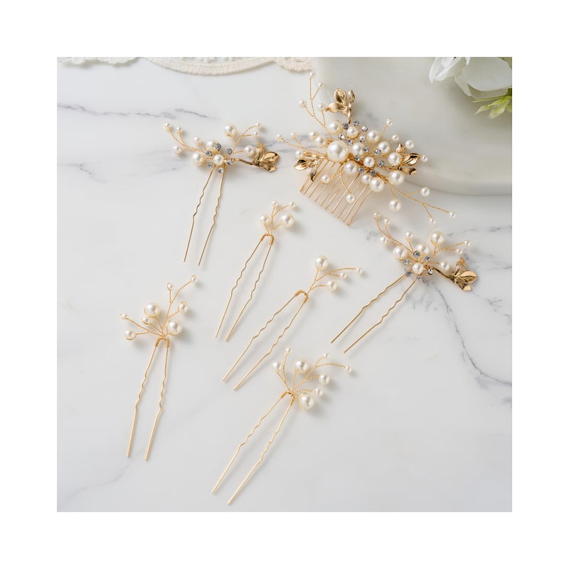 SWEETV Bridal Wedding Hair Accessories Set of 7, Pearl Wedding Hair Comb Rhinestone HairPins Leaf HairPieces Elegant Bridal Headpieces Accessories for Brides Bridesmaids Women Girls - Image 1