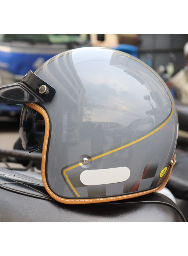 Retro 3/4 Motorcycle Helmet Mt-5 Cement Gray Coffee Grid with Built-in Goggles, Includes Black Lens, White Lens & Visor