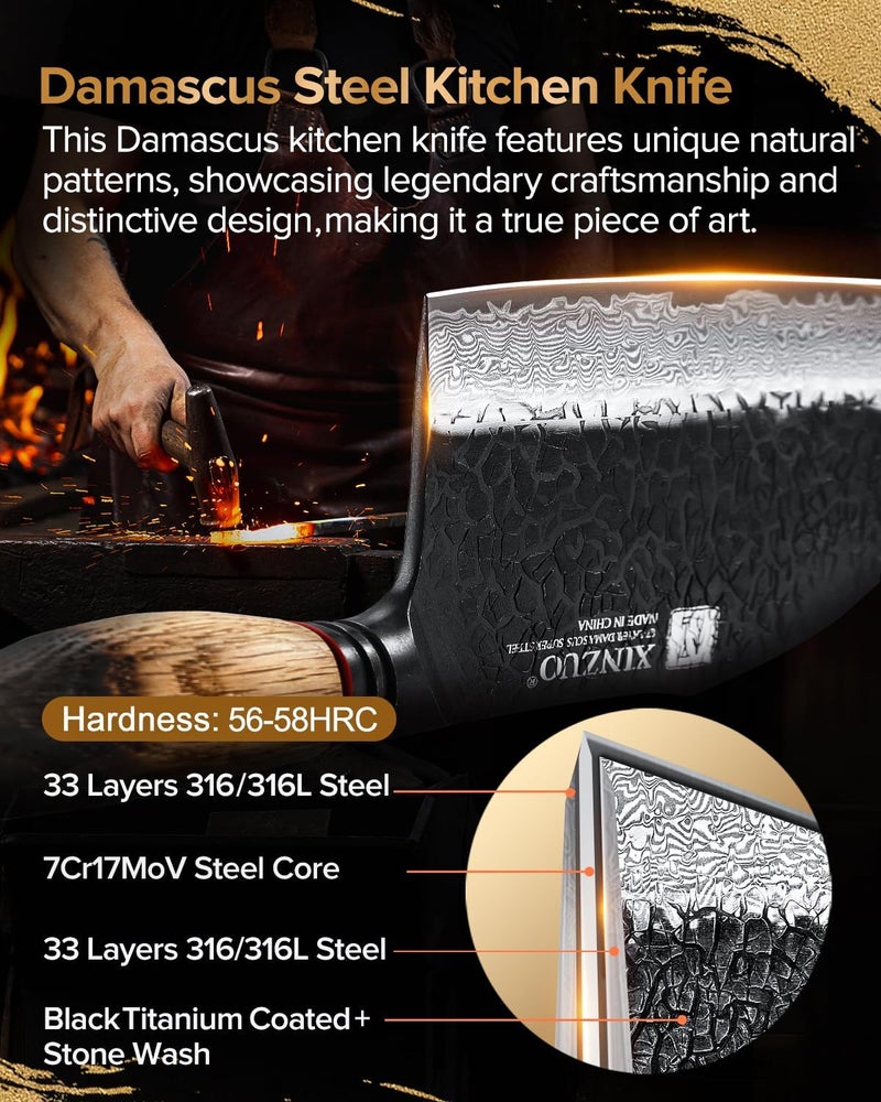 XINZUO 7.3 Inch Hand Forged Butcher Knife With Sheath,67-Layer Damascus Steel With 7Cr17Mov Core Big Knife For Meat Cleaver Cutting Vegetable Cleaver For Kitchen,Camping - Image 3