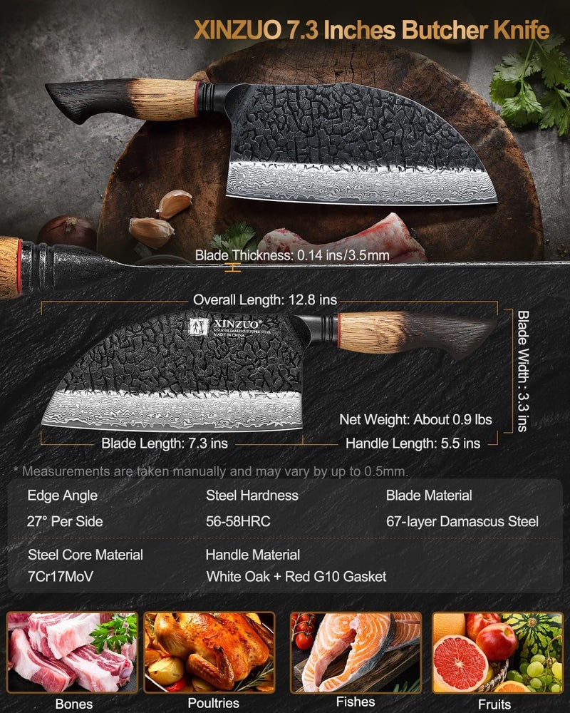 XINZUO 7.3 Inch Hand Forged Butcher Knife With Sheath,67-Layer Damascus Steel With 7Cr17Mov Core Big Knife For Meat Cleaver Cutting Vegetable Cleaver For Kitchen,Camping - Image 2