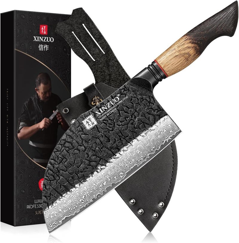 XINZUO 7.3 Inch Hand Forged Butcher Knife With Sheath,67-Layer Damascus Steel With 7Cr17Mov Core Big Knife For Meat Cleaver Cutting Vegetable Cleaver For Kitchen,Camping - Image 1