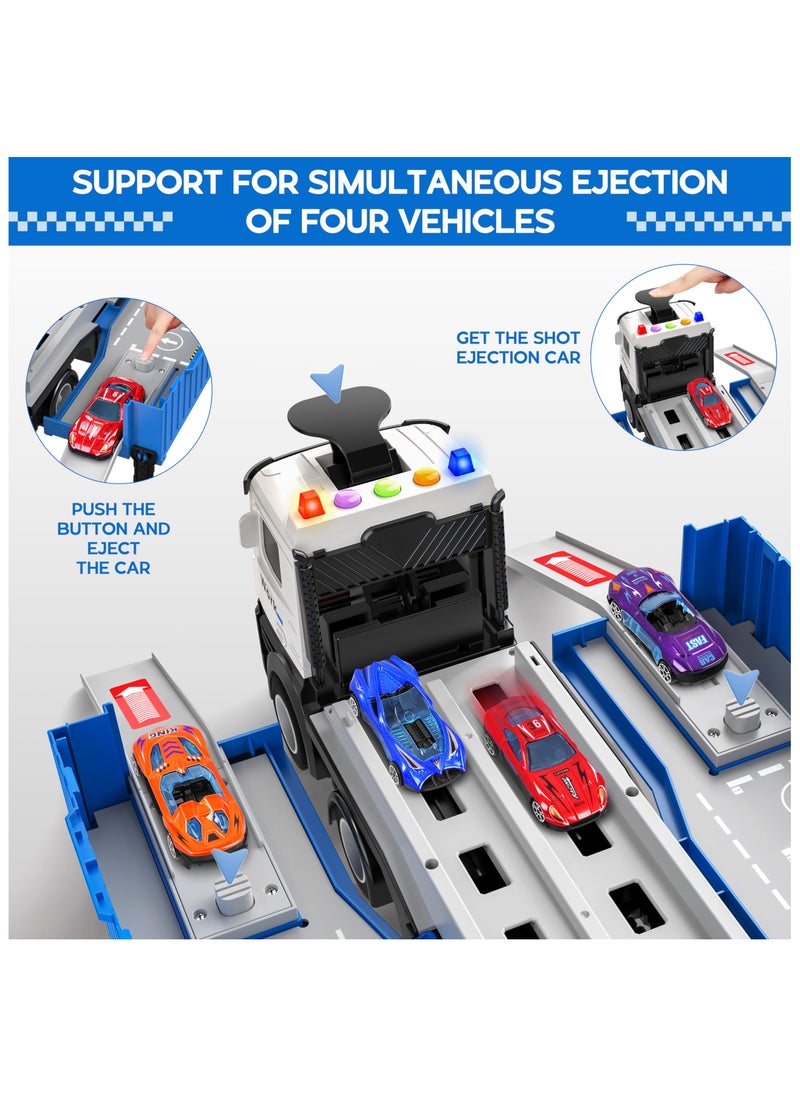 XiuWoo - Car Race Track Toy Playset,Foldable 3 in 1 Layer Truck Transport Car Carrier with 8 Race Cars, Gifts for Years Boys Girls,Blue - Image 1