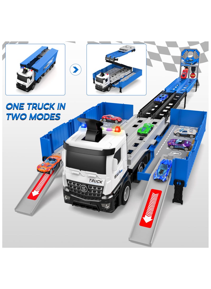 XiuWoo - Car Race Track Toy Playset,Foldable 3 in 1 Layer Truck Transport Car Carrier with 8 Race Cars, Gifts for Years Boys Girls,Blue - Image 1