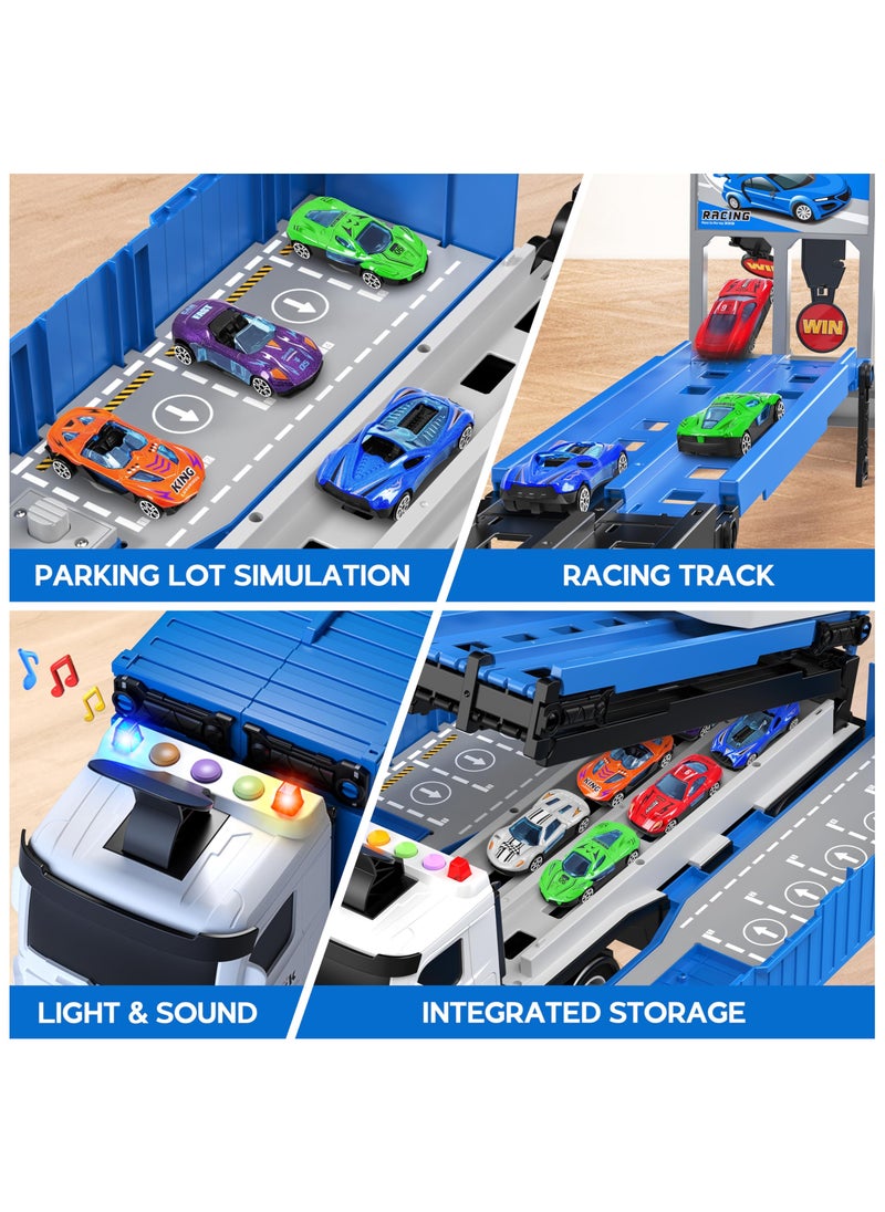 XiuWoo - Car Race Track Toy Playset,Foldable 3 in 1 Layer Truck Transport Car Carrier with 8 Race Cars, Gifts for Years Boys Girls,Blue - Image 1