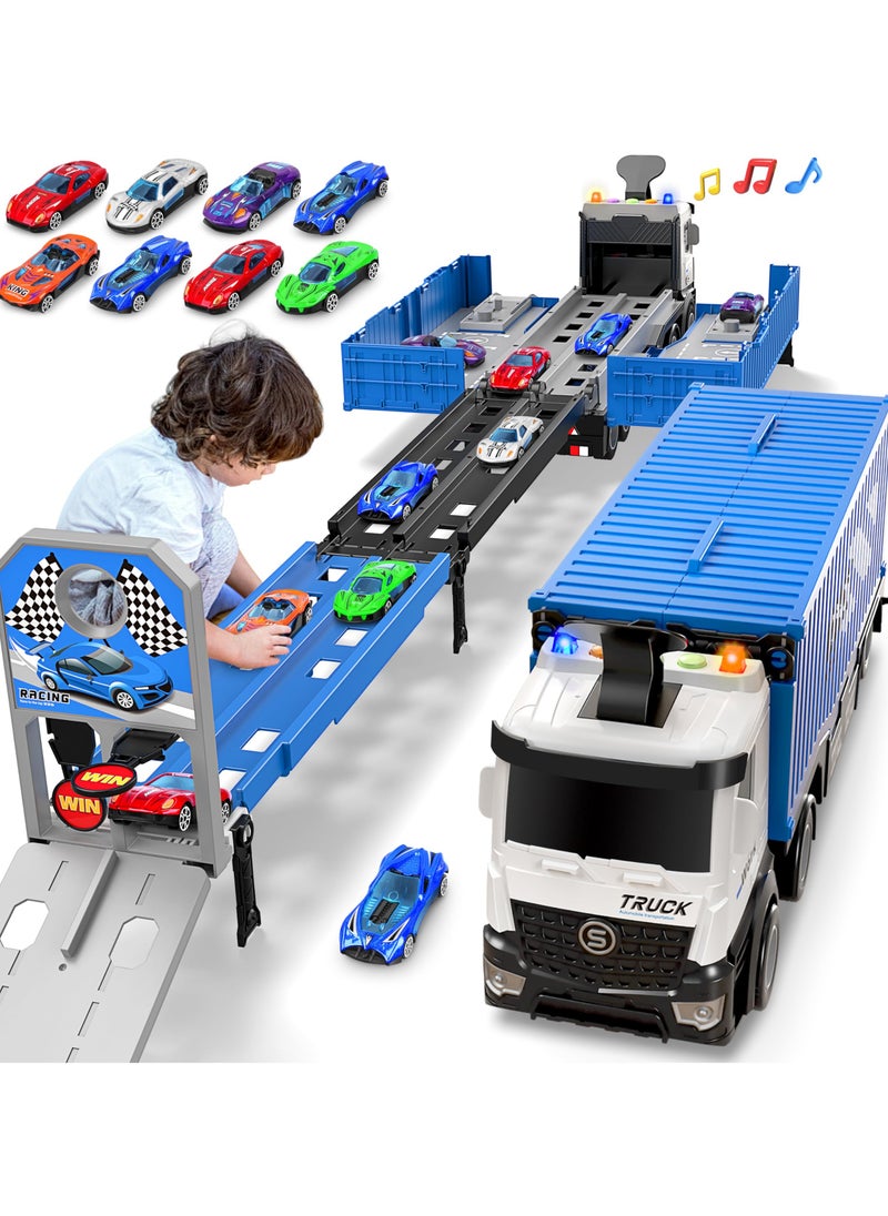 XiuWoo - Car Race Track Toy Playset,Foldable 3 in 1 Layer Truck Transport Car Carrier with 8 Race Cars, Gifts for Years Boys Girls,Blue - Image 1