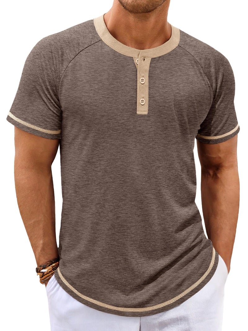Makkrom Mens Henley Shirts Short Sleeve Casual Summer Basic T Shirts Button Vintage Lightweight Tee Tops Coffee - Image 1