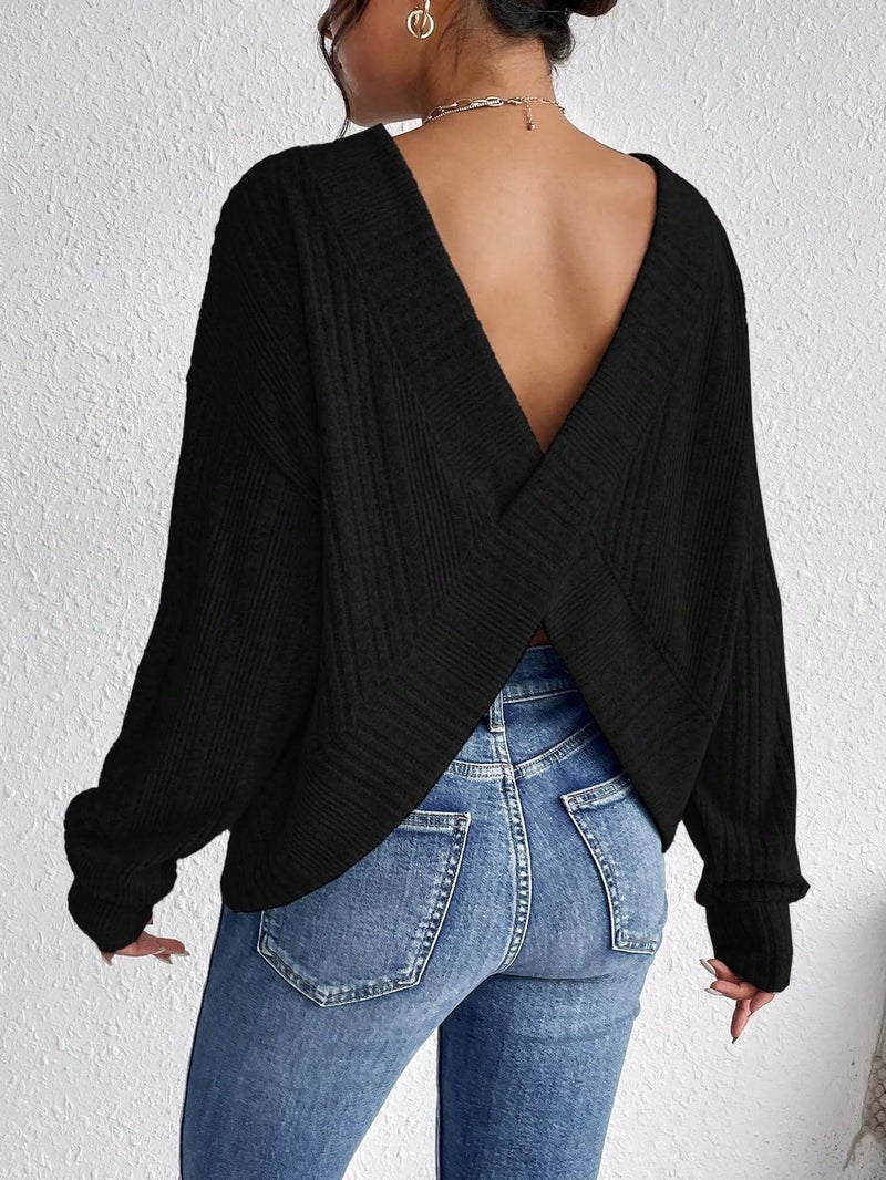 SweatyRocks Women's Criss Cross Round Neck Pullover Sweaters Long Sleeve Loose Cut Out Back Knit Tee Tops Backless Shirts Black Large - Image 3