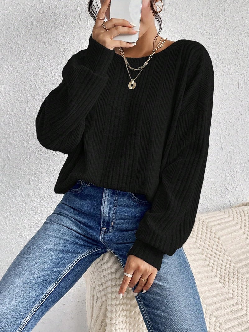 SweatyRocks Women's Criss Cross Round Neck Pullover Sweaters Long Sleeve Loose Cut Out Back Knit Tee Tops Backless Shirts Black Large - Image 2