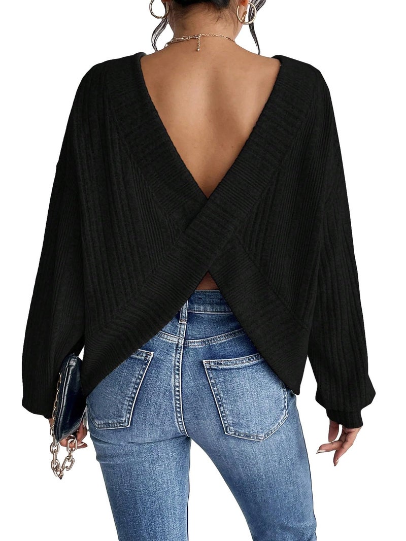 SweatyRocks Women's Criss Cross Round Neck Pullover Sweaters Long Sleeve Loose Cut Out Back Knit Tee Tops Backless Shirts Black Large - Image 1