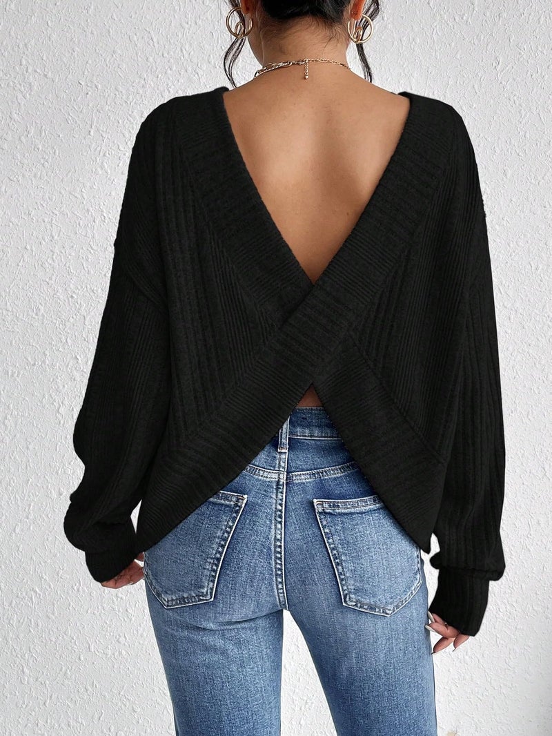 SweatyRocks Women's Criss Cross Round Neck Pullover Sweaters Long Sleeve Loose Cut Out Back Knit Tee Tops Backless Shirts Black Large - Image 5