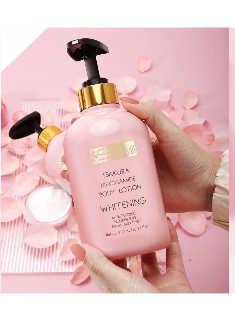 Shawill sakura body lotion 500ml niacinamide cherry whitening brighten moisturizing nourish dry skin - Image 1