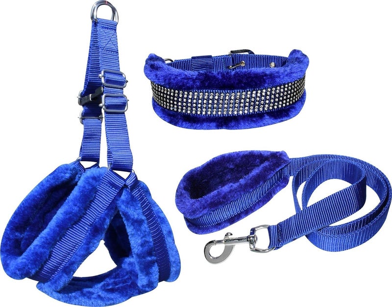 Nylon Fur Dog Harness & Leash Combo, Adjustable Harness, Soft Fur Padded (Blue)