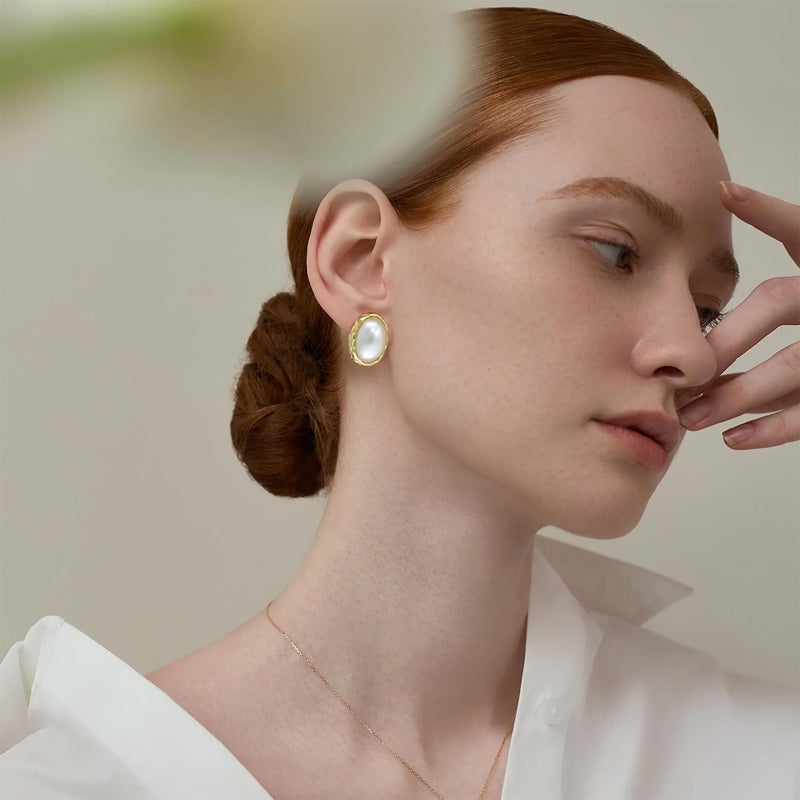 Mytys Pearl Stud Earrings, 14K Gold plated Large Pearl Earrings Gold Stud Earrings Handpicked Freshwater Cultured Hypoallergenic Jewelry Gifts for Her - AAA+ Quality - Image 3